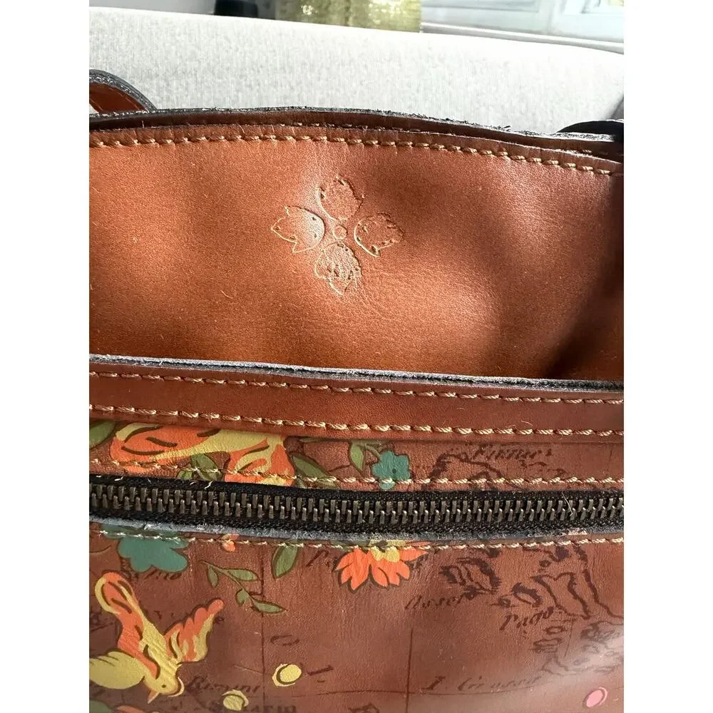Patricia Nash Poppy Leather Boho Tote Shoulder Bag Floral Bird Map Print Tan